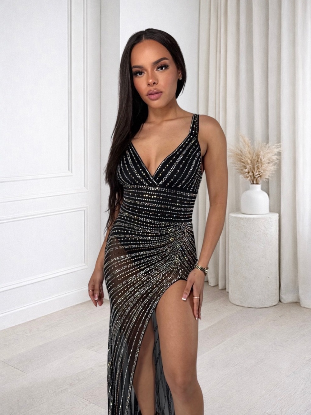 Black Rhinestone V-Neck Evening Gown
